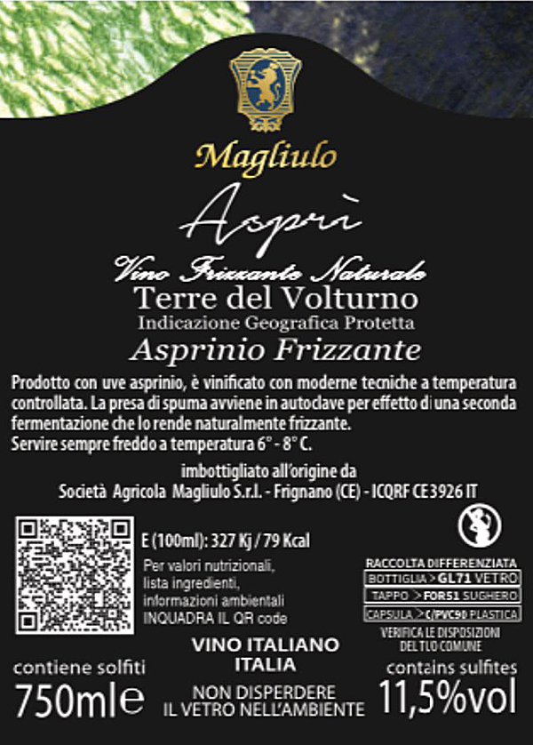 Terre del Volturno Asprinio Frizzante Naturale IGT Asprì